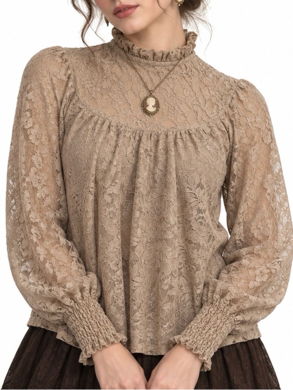Cable & Gauge Taupe Lace High Neck Blouse Medium Whimsigoth Victorian Romantic